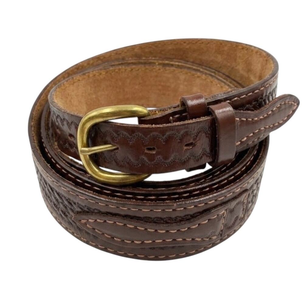 Justin Vintage Size 38 Brown Tooled Leather Western Cowboy Belt Basketweave 544C